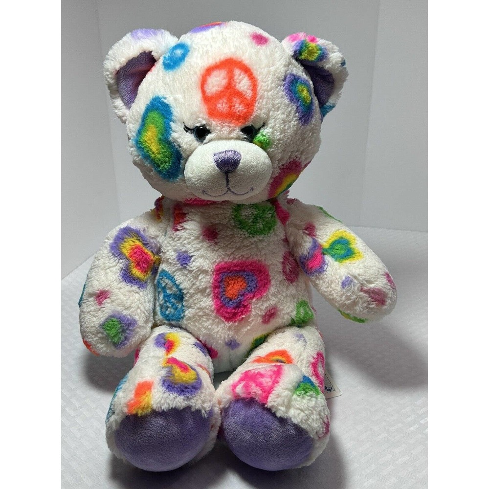 Build A Bear Rainbow Hearts Peace Sign Teddy Bear White Purple‎ Plush
